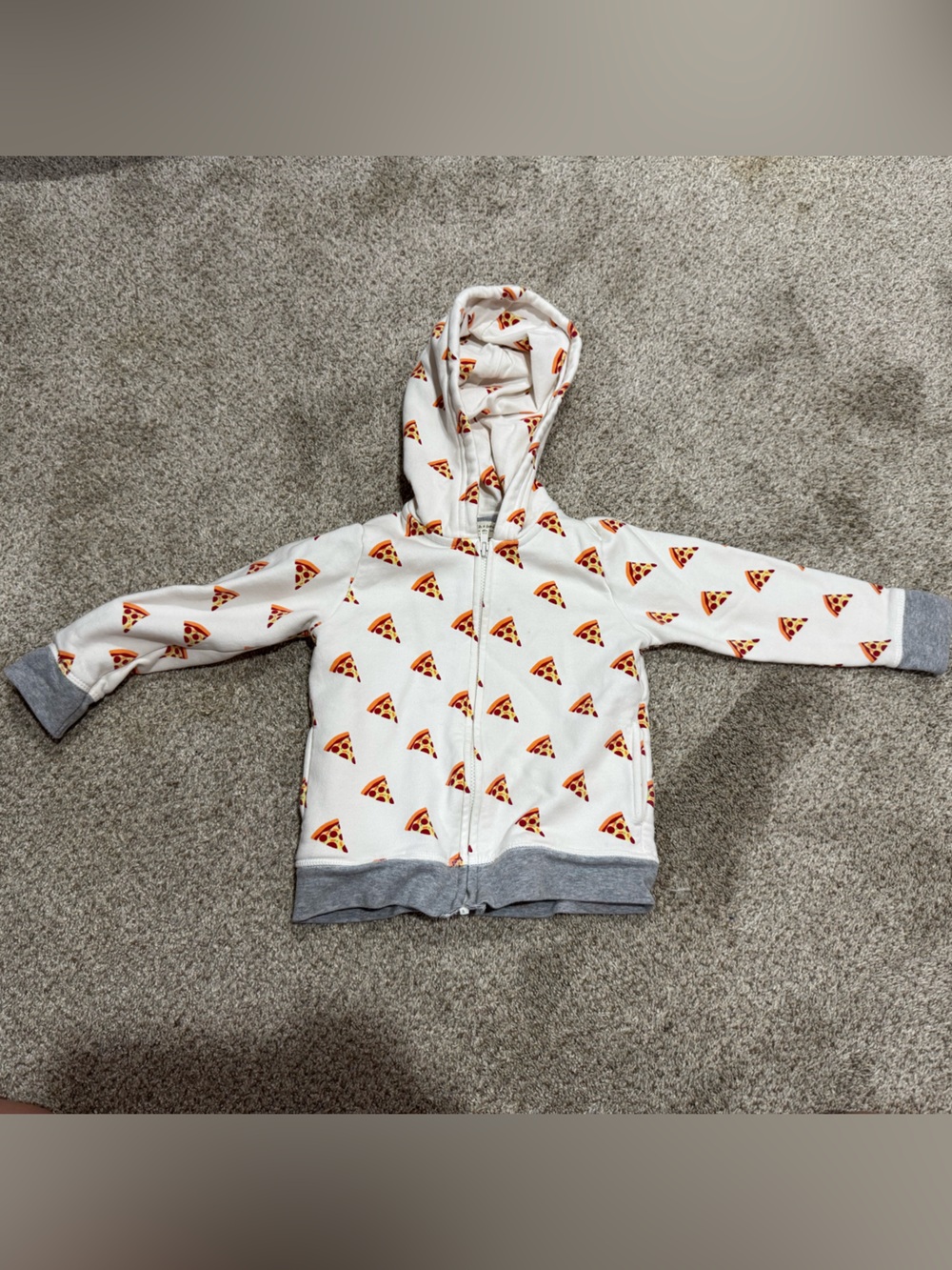Monica & Andy White Hoodie with Pizza Print and Gray Trim 2T